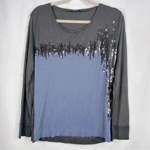 Elena Miró Women’s Long Sleeve Sequins Embellished Gray Top Scoop Neck Size M